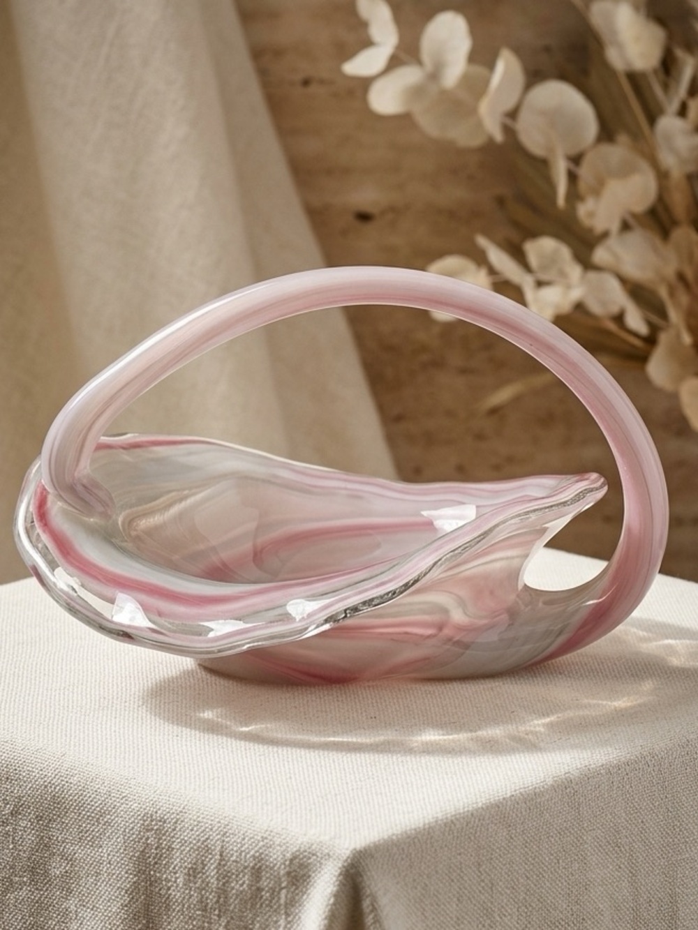 Murano Pink White Swirl Glass Basket CottageCore Cornucopia Shell Shaped Candy